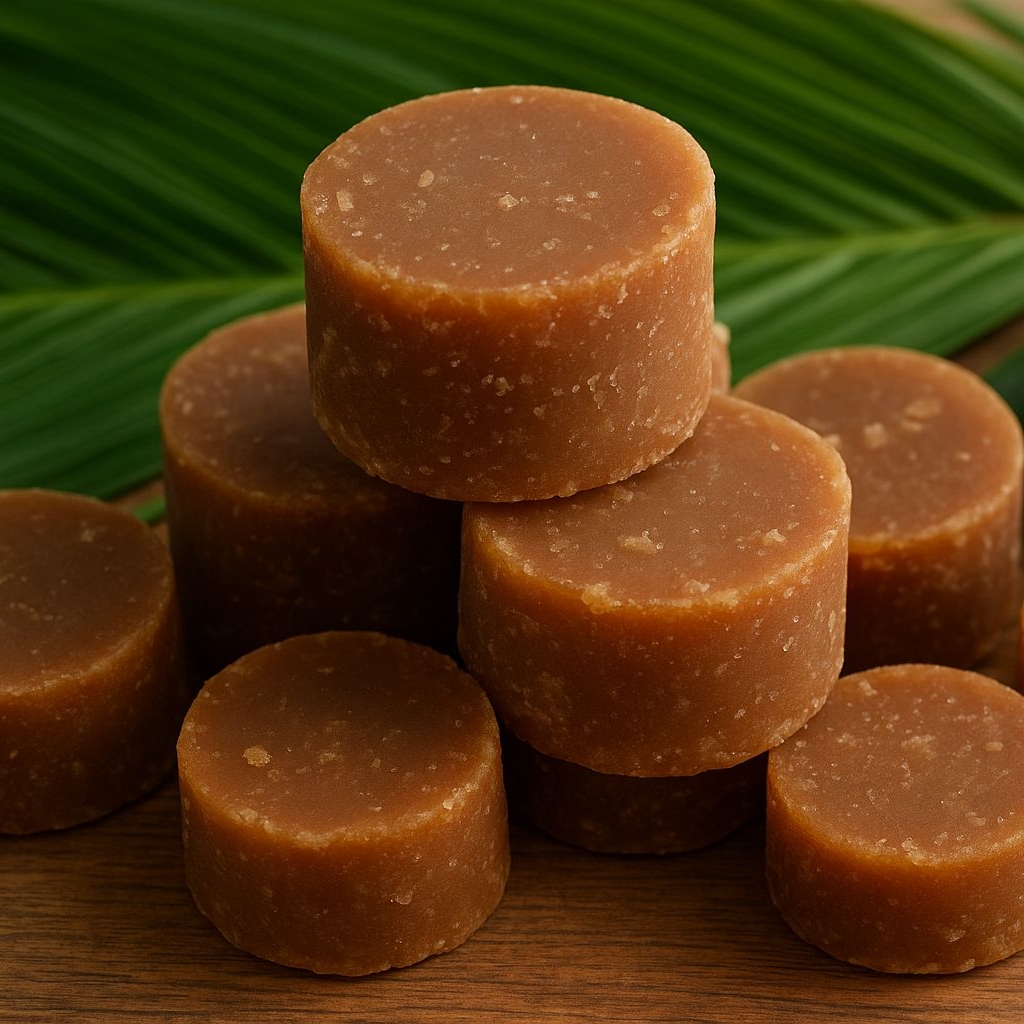 Close-up of stacked cylindrical organic coconut sugar blocks (Gula Jawa) with palm leaf background. Dense, rich sweetener ideal for confectionery manufacturing and traditional cuisine