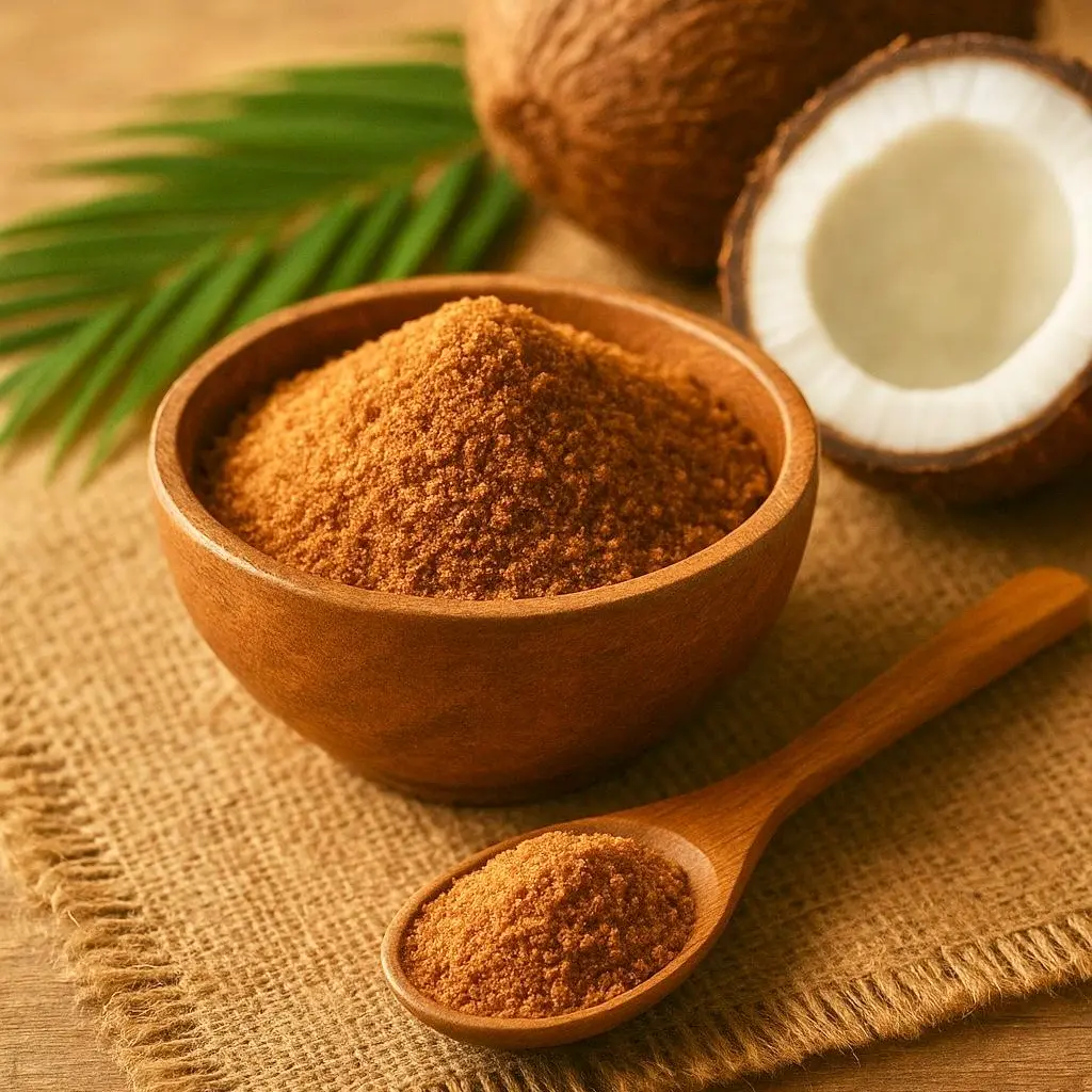 A wooden bowl and spoon filled with premium granulated organic coconut sugar, displayed with fresh coconuts and palm leaves on a rustic surface. High-quality, low GI sweetener available for global bulk wholesale from Bumiloka Abadi Nusantara