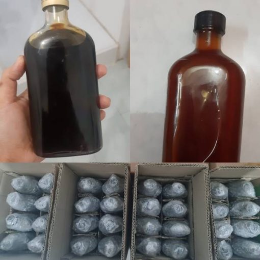 Collage showing dark brown liquid organic coconut sugar syrup in glass bottles, demonstrating packaging and product color for liquid sweetener buyers. Available for bulk order and B2B processing