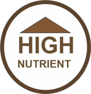 Circular seal with HIGH NUTRIENT text and an upward arrow, signifying that the organic coconut sugar retains natural minerals like Iron, Zinc, Calcium, and Potassium, offering a healthier alternative for food and beverage manufacturing