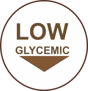 Circular seal with LOW GLYCEMIC text and a downward arrow, indicating that the organic coconut sugar has a low glycemic index, making it a blood sugar-friendly sweetener for healthy diets and diabetic-friendly products